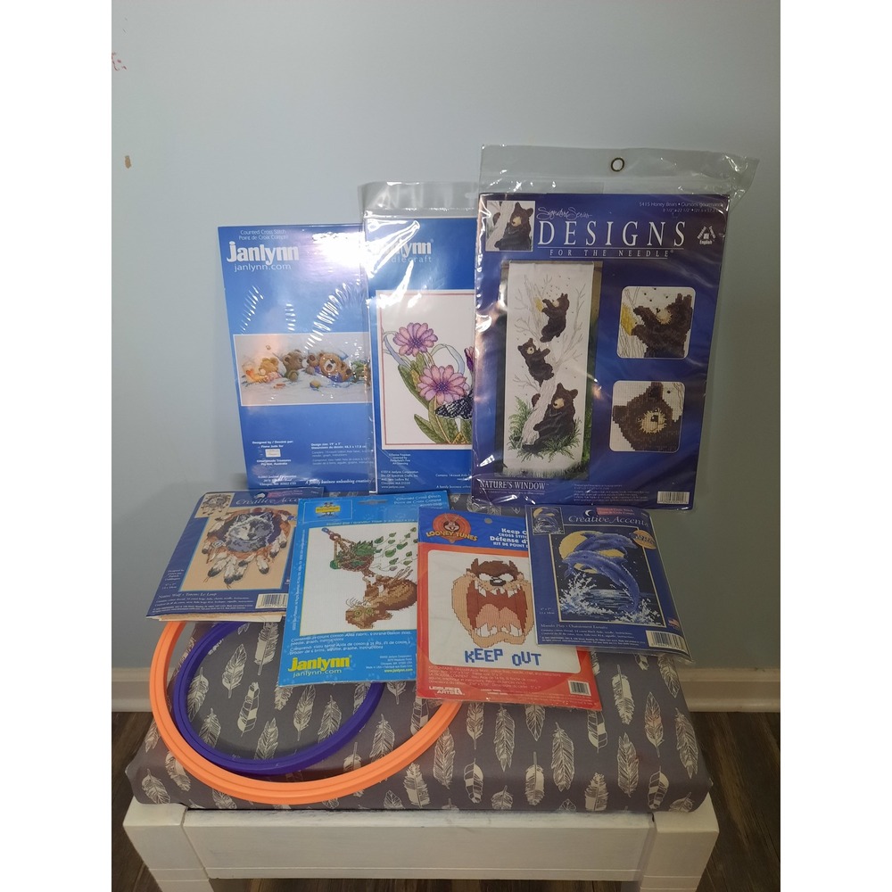 Bundle 90s Y2k Vintage Janlynn Cross Stitch Kits with 2 Hoops